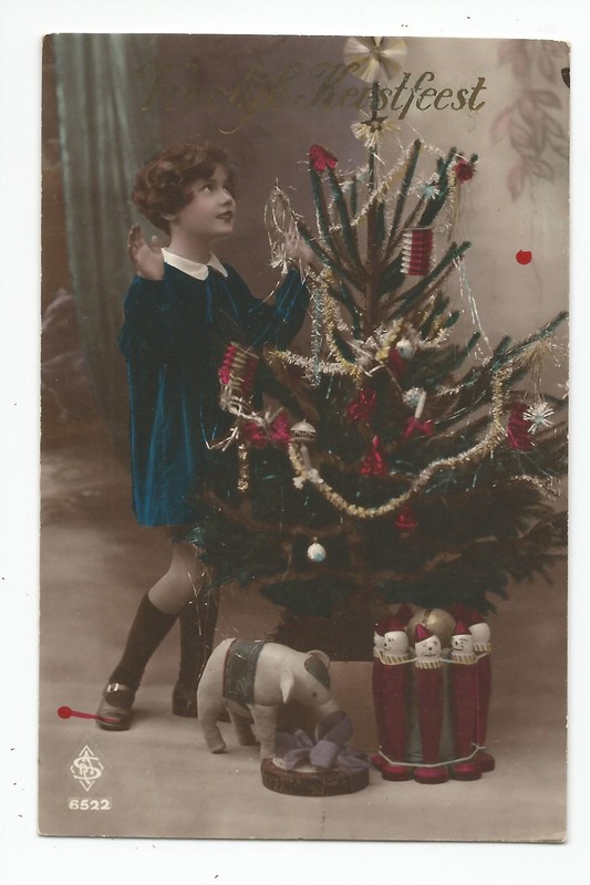 Christmas Postcard: Vroolyk Kerstfeest (Dutch)  Christmas Tree, elephant, clowns