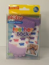 Nuby Soothing Teething Teether Sock 3 months BPA free silicone Purple Butterfly
