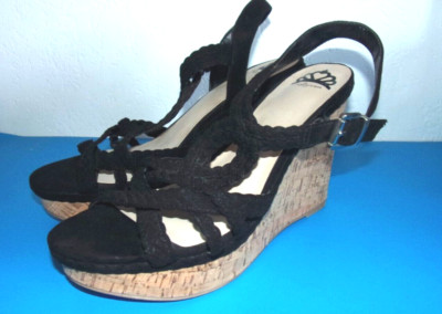 Fergalicious by Fergie '' Voyager '' Women s 8.5,  Black 4.5 Inch Cork Wedge Heel