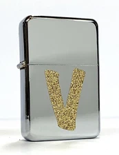 Initial ‘V’ Gold Glitter Letter Chrome Flip Top Oil Lighter Windproof Flame