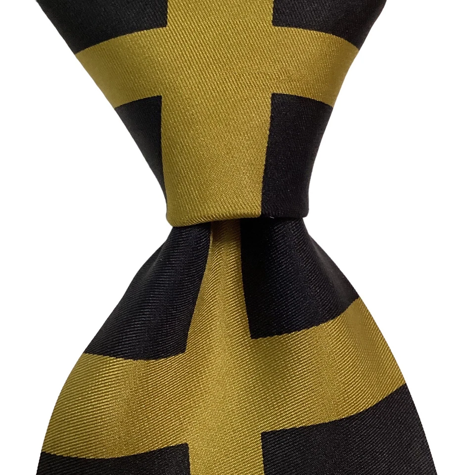GENE MEYER Men's 100% Silk Necktie JAPAN Luxury Geometric Black/Gray/Gold GUC Foto 2 de 3