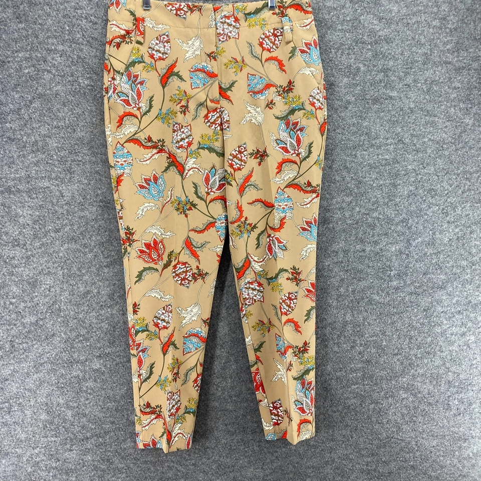 Pantalones para mujer 7th Avenue 14 marrones florales tiro alto plisados ajustados bolsillos chinos Foto 4 de 4