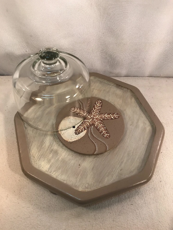 Vtg Cheese Dip Glass Dome Wood Footed Base Star Fish Shell Beach Serving Tray - Image 2 of 4