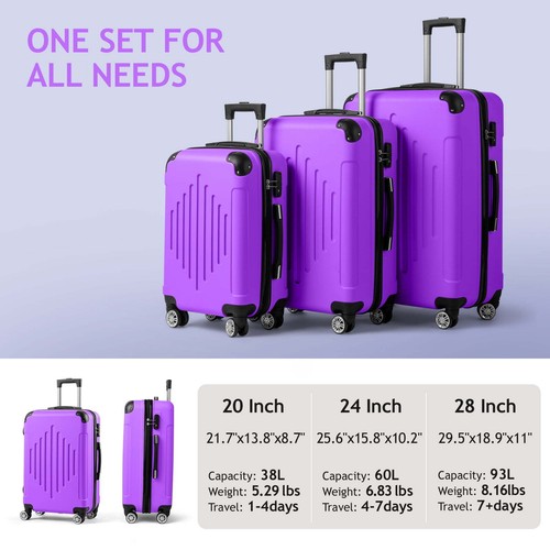 Juego De Equipaje Morado Maletas De Mano Con Ruedas Para Viaje Avion 3 Piezas - Picture 6 of 9
