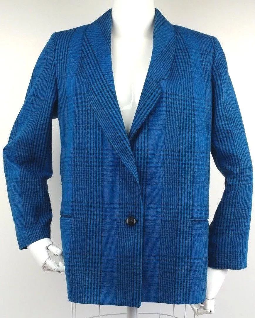 Vintage 80s Blue Black Plaid Check Blazer Power Suit Wool Blend Shoulder  Pads 6