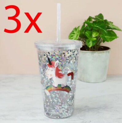 3er PACK EINHORN GLITZER REISEBECHER BECHER MIT STROHHALM DOPPELWANDIG HEISS KALTGETRÄNK