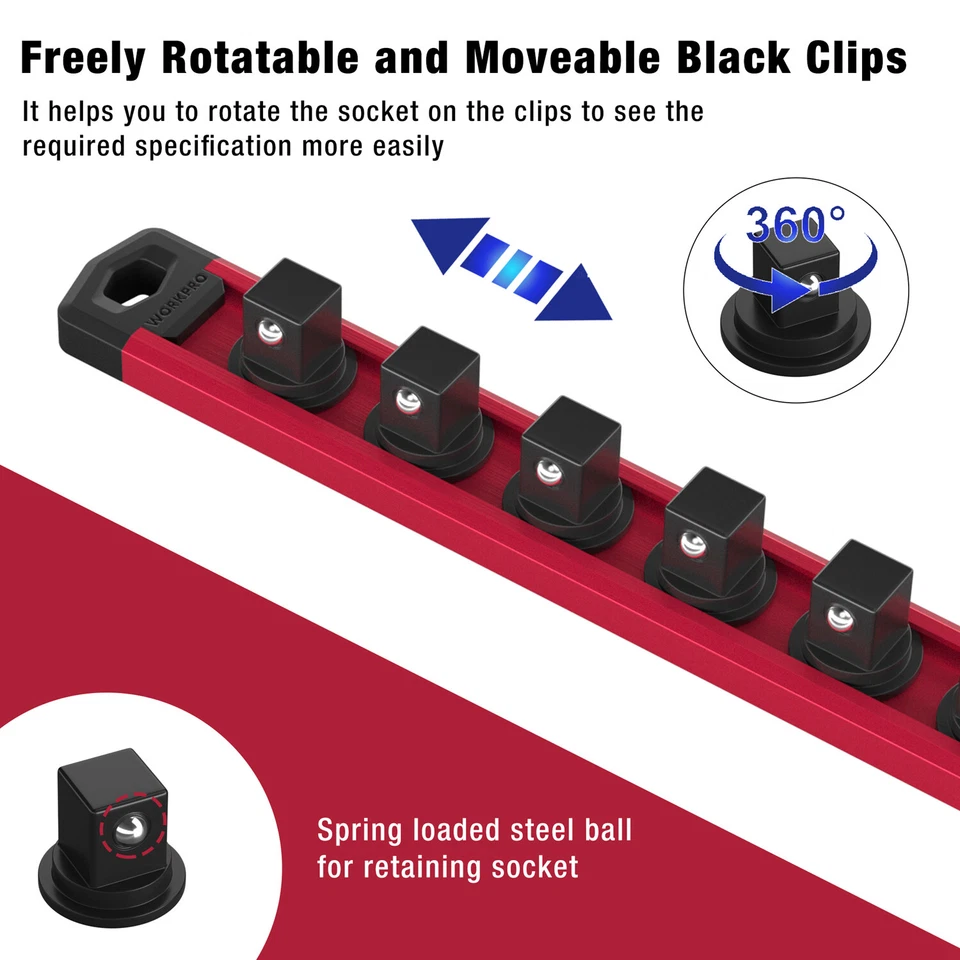 1/2-Inch Drive Magnetic Socket Organizer Aluminum Alloy Socket Rail Holder (Red) - Image 4 of 4