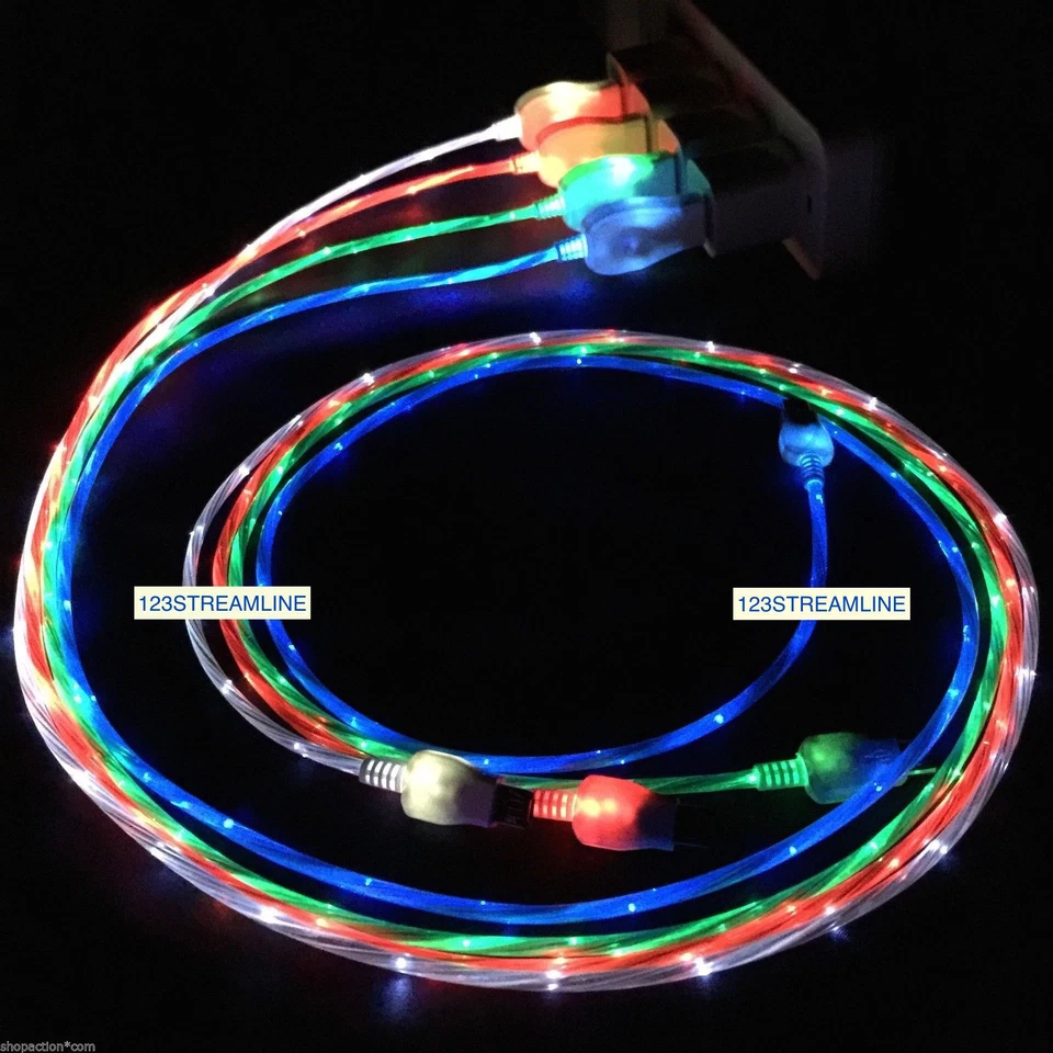 FLOWING LED LIGHT-UP USB charge Data Sync Cable charger FOR SAMSUNG LG HTC MICRO - Image 2 of 4