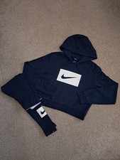 Nike Tracksuit Women Size S/M Navy Centre Logo Pullover Crop Hoodie Leggings Set