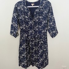 Gap Women's Dress Blue White Floral 100% Cotton 3/4 SLV Button Down V-Neck SZ 10