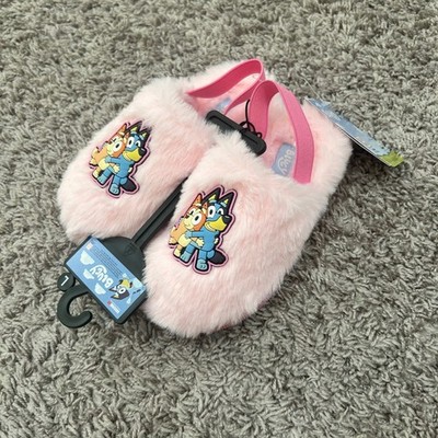 Bluey Bingo little Girls Pink Faux Fur Slingback Slippers Ground Up Sz Large New