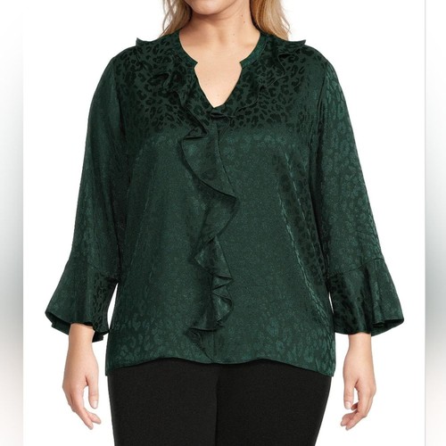 Investments Riley Top Blouse Womens Size 3X Dark Green Leopard Print Office Work - Picture 4 of 7