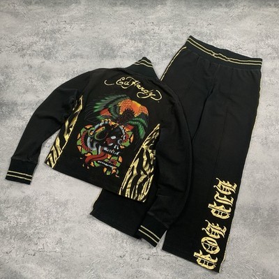 Vintage Y2K Ed Hardy Suit Set Track Jacket + Pants Size XL Black USA Y2K Tattoo