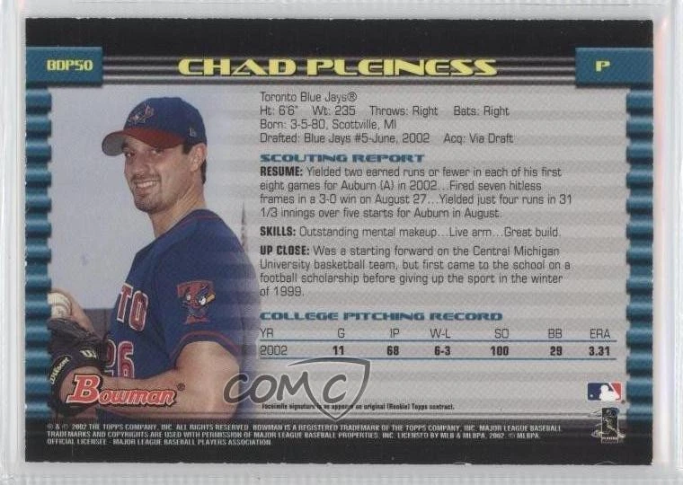 2002 Bowman Draft Gold Chad Pleiness #BDP50 Rookie RC - Image 2 of 2