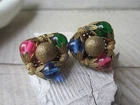 Vintage MIRIAM HASKELL Gold Tone Pink Blue Green Glass Bead Floral Clip EARRINGS
