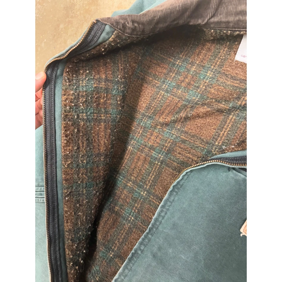 Carhartt J43HTG Teal Quilted Lined Work Jacket Mens Large Canvas Corduroy Collar - Image 4 of 4