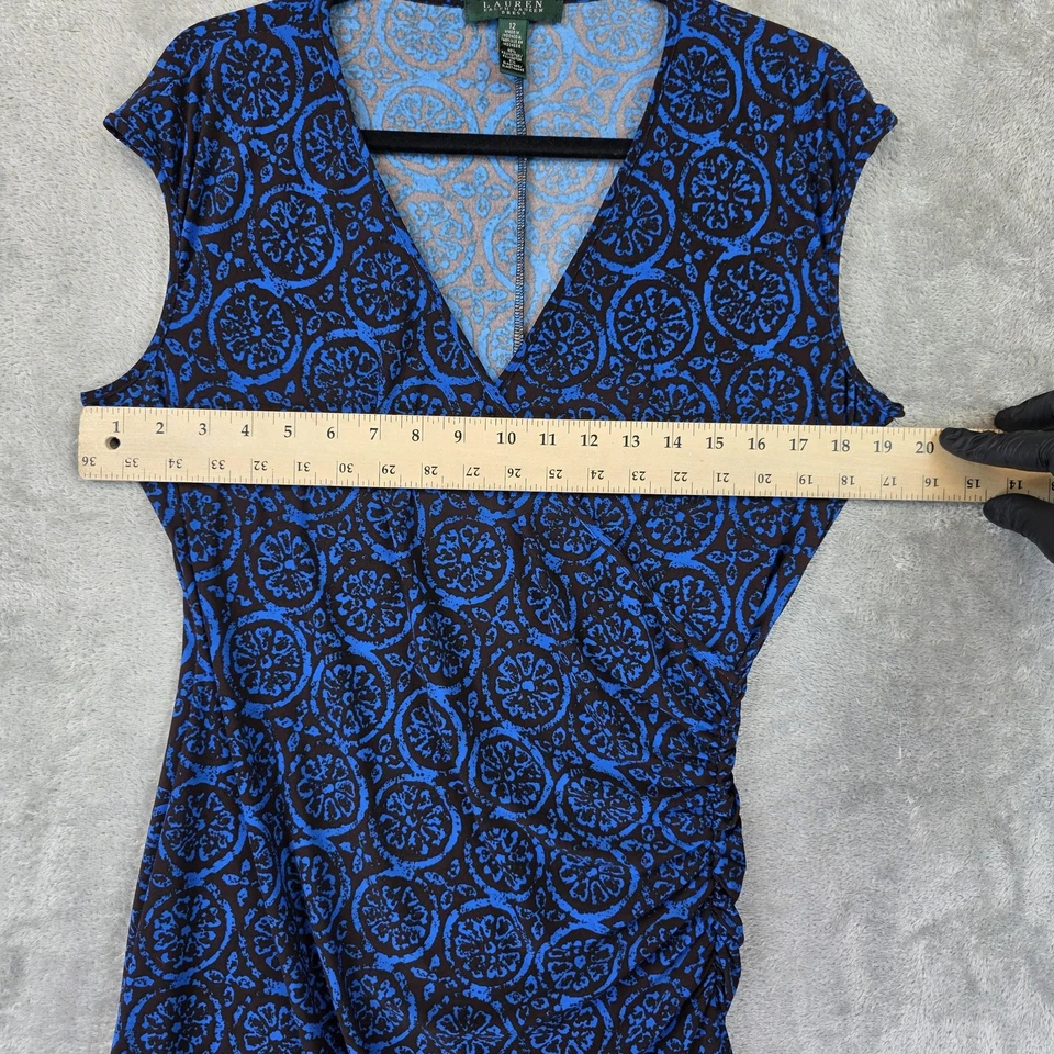 Lauren Ralph Lauren Dress Womens 12 Blue Brown Wrap Surplice Ruched Medallion - Image 3 of 4