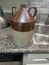 Large Earthenware Jug, Brown & Tan Glaze, Vintage Decor 12” tall, about 7” dia