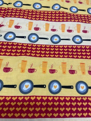 Coffee Cup Kitchen Pot Pan Egg Farmhouse 100% Cotton Fabric By The Half Yard