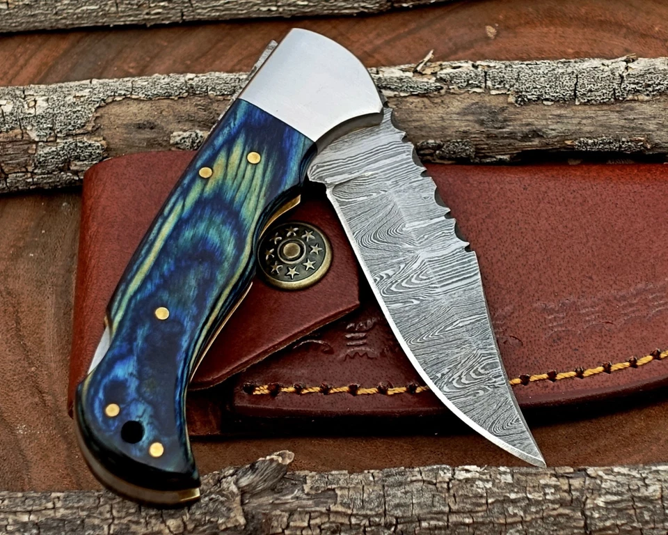 Cuchillo de bolsillo plegable con bloqueo trasero hecho a mano Damasco camping caza cuchillo bolsa Foto 2 de 4