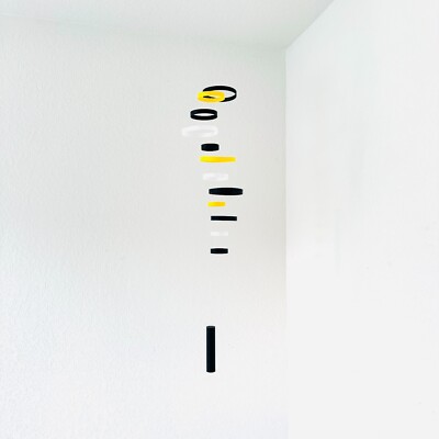 Whirlwind Kinetic Mobile   Modern Hanging Art 12 Rings   Black Yellow White