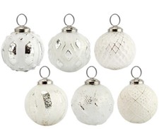 6 Pack Farmhouse Distressed Xmas Ornaments Metal Glass Ball Vintage Style White