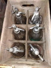6 Vintage Seltzer Bottles & Crate Vess/SnowPeak/White Mule Cola Coca Susanville
