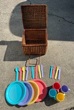 Picnic Basket, Wicker, Vintage w/ Set of 4 Pastel Melamine Dishes-Never Used