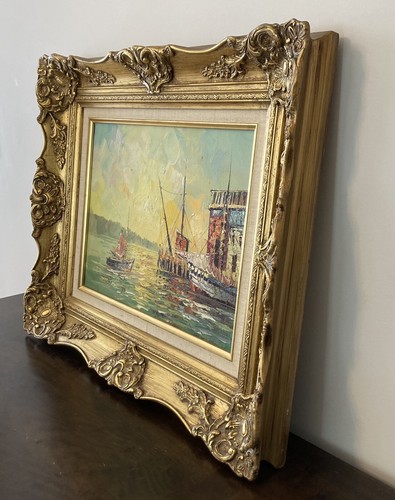 P.G. Pintura al óleo original TIELE barcos en muelle vintage Italia enmarcado 24"x20" - Imagen 10 de 12