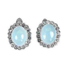 925 Sterling Silver Oval Blue Aquamarine 9x7mm White Topaz  Earrings