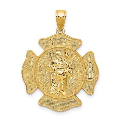10k Yellow Gold St. Florian Protect Us/Fire Dept. Charm Pendant L 34mm, W 23.5mm