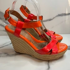 Sofft Wmns Orange Patent Leather Open Toe Strappy Jute Wedge Pedra Sandal Sz 10