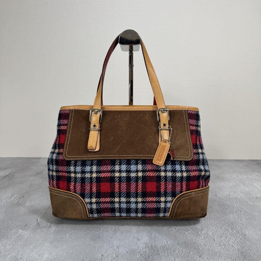 バッグ Coach Tartan Wool Plaid & Suede carryall COACH Vintage Plaid Wool Suede Tote Bag, AB Condition, Red/Navy
