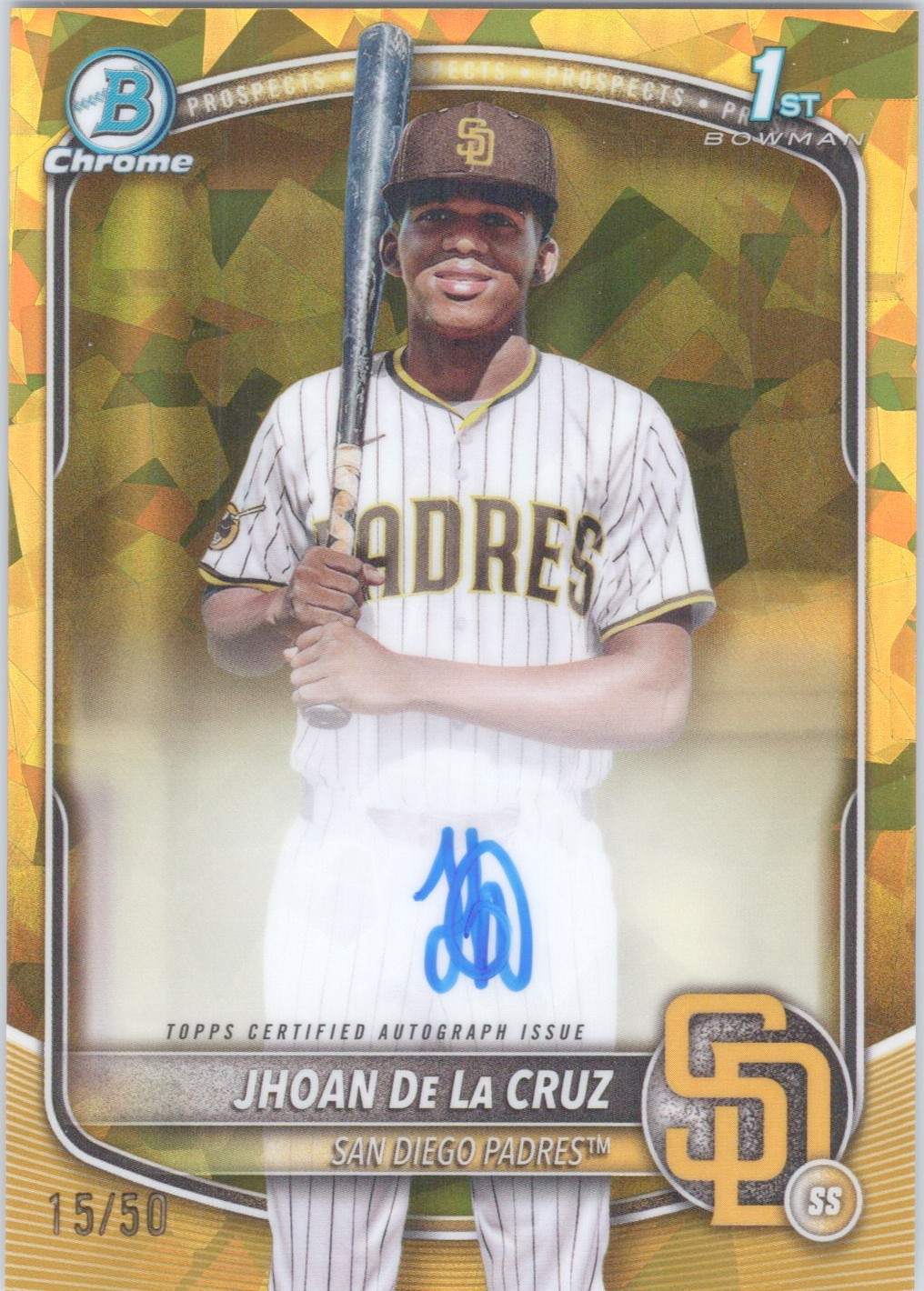 2025 BOWMAN CHROME SAPPHIRE 1ST JHOAN DE LA CRUZ /50 AUTO GOLD SP SAN DIEGO