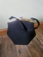 Vintage Black Felt Clutch Purse/Bag With Gold Tone Kiss Lock Clasp