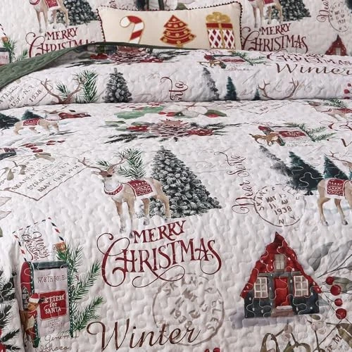 圣诞被子套装尺寸圣诞树驯鹿图案床罩大号白色 — 第 4/4 张图片