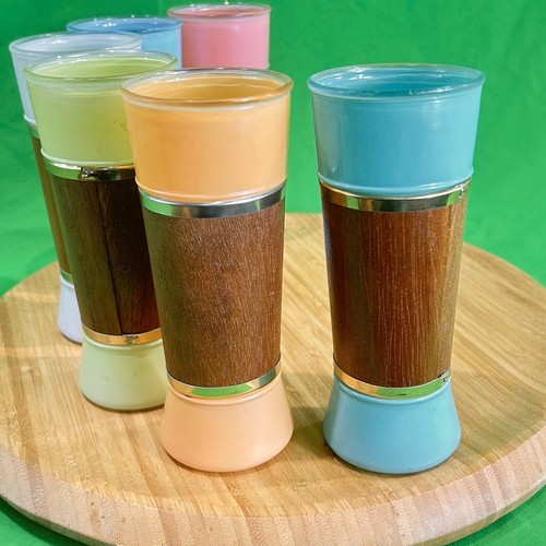 Vtg MCM Mahogany Wood Wrap Siesta Ware Hawaiian Tiki Bar Frosted Glass Set 6 - Picture 4 of 13