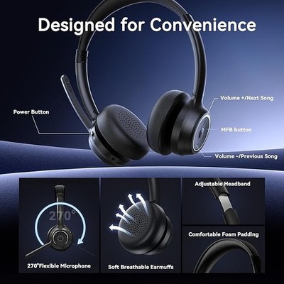 Wireless Headset with Mic for Work, Bluetooth Headset with Noise Canceling Micro