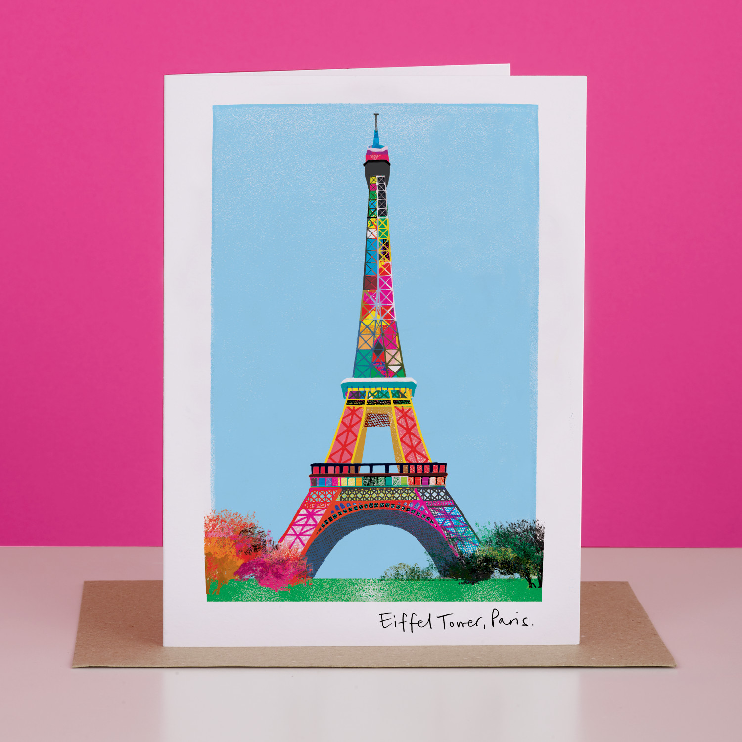 Blank Card Colourful Eiffel Tower Paris - Mixed Media Landmark Artwork