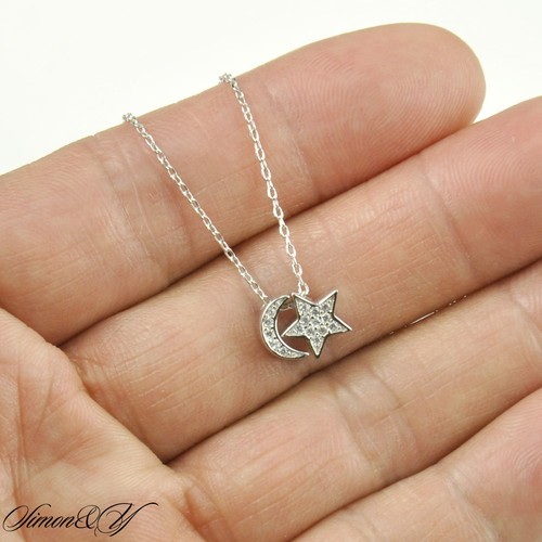 Sterling Silver 925 CZ Half Moon Star 