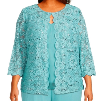 Alex Evenings size 1X turquoise dress jacket Sequin Lace Chiffon Round Neck 3/4
