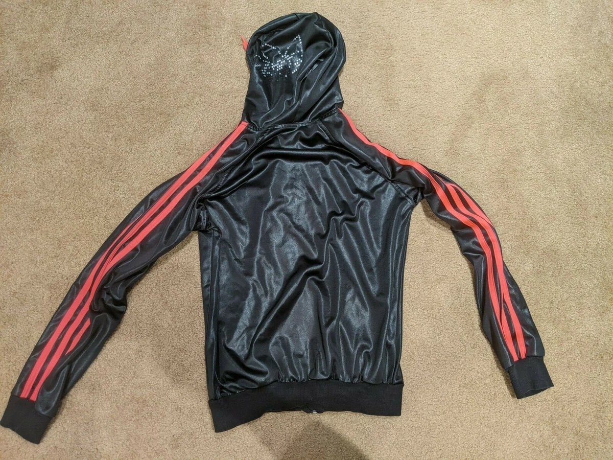 Adidas red best sale jacket black stripes
