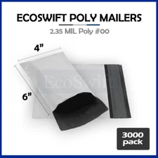 3000 4 x 6 ECOSWIFT WHITE POLY MAILERS SHIPPING ENVELOPES SELF SEAL BAGS 2.35MIL