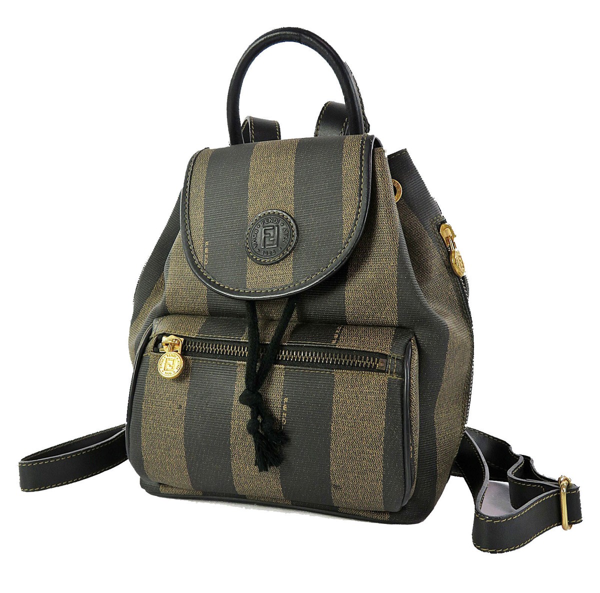 Auth FENDI Brown and Black Striped PVC Canvas and Leather  display picture 1