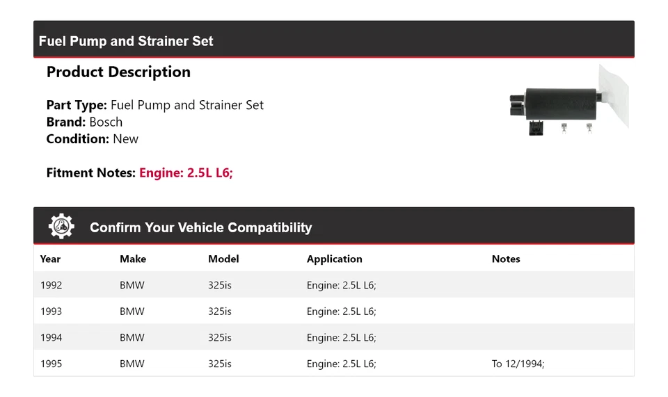 适用于 1992 - 1995 宝马 325is 2.5L L6 博世燃油泵和滤水器套件 1993 1994 — 第 2/4 张图片