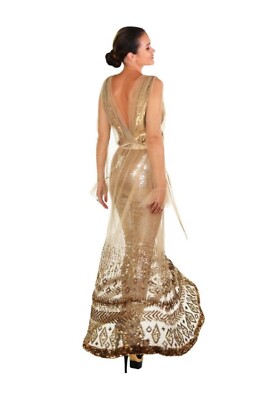 tom ford gold sequin dress New Tom Ford Nude Embellished Chiffon Dress w/ Gold Sequin Pants 38