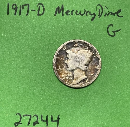 1917-D Mercury Dime 10c Good 90% Silver