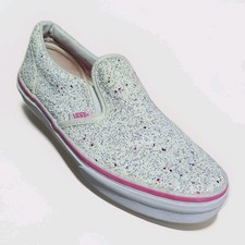 VANS Classic Slip On Sparkle Kids Size 6 White Pink Glitter Rhinestone