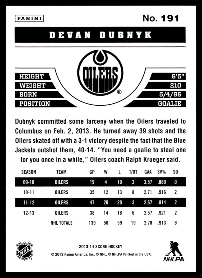 2013-14 Score Gold Devan Dubnyk Edmonton Oilers #191 - Image 2 of 2
