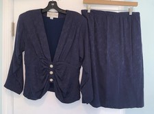Vintage Oscar De La Renta Pearl Medium 100 Silk Blue Jacket Skirt suit 2 Piece